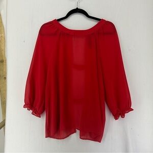 Petticoat Alley Womens Red Round Neck 3/4 Sleeves Pullover Open Blouse Size M